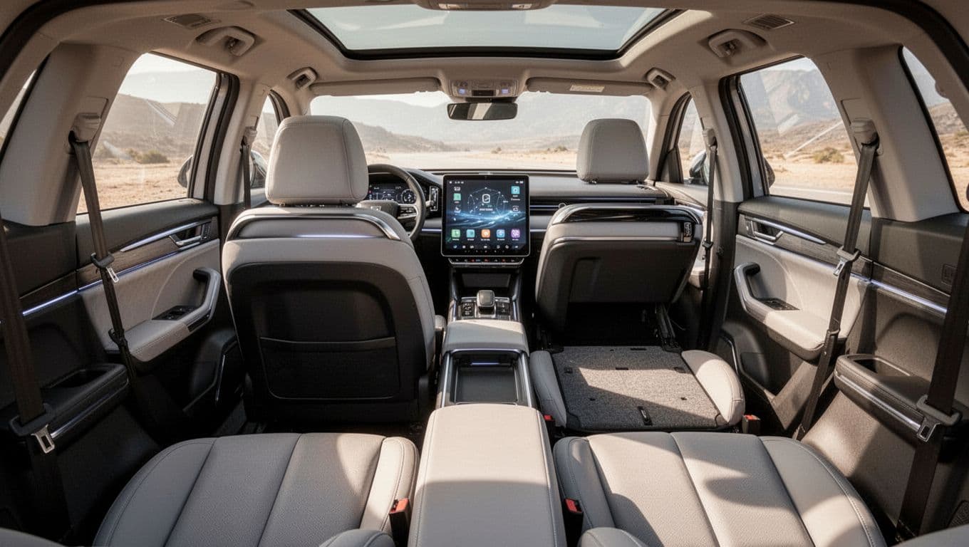 Empty interior of the 2026 Nissan Rogue SUV highlighting the dashboard with large touchscreen, supportive seats for five passengers, spacious cabin, and cargo area, bathed in soft natural light.
