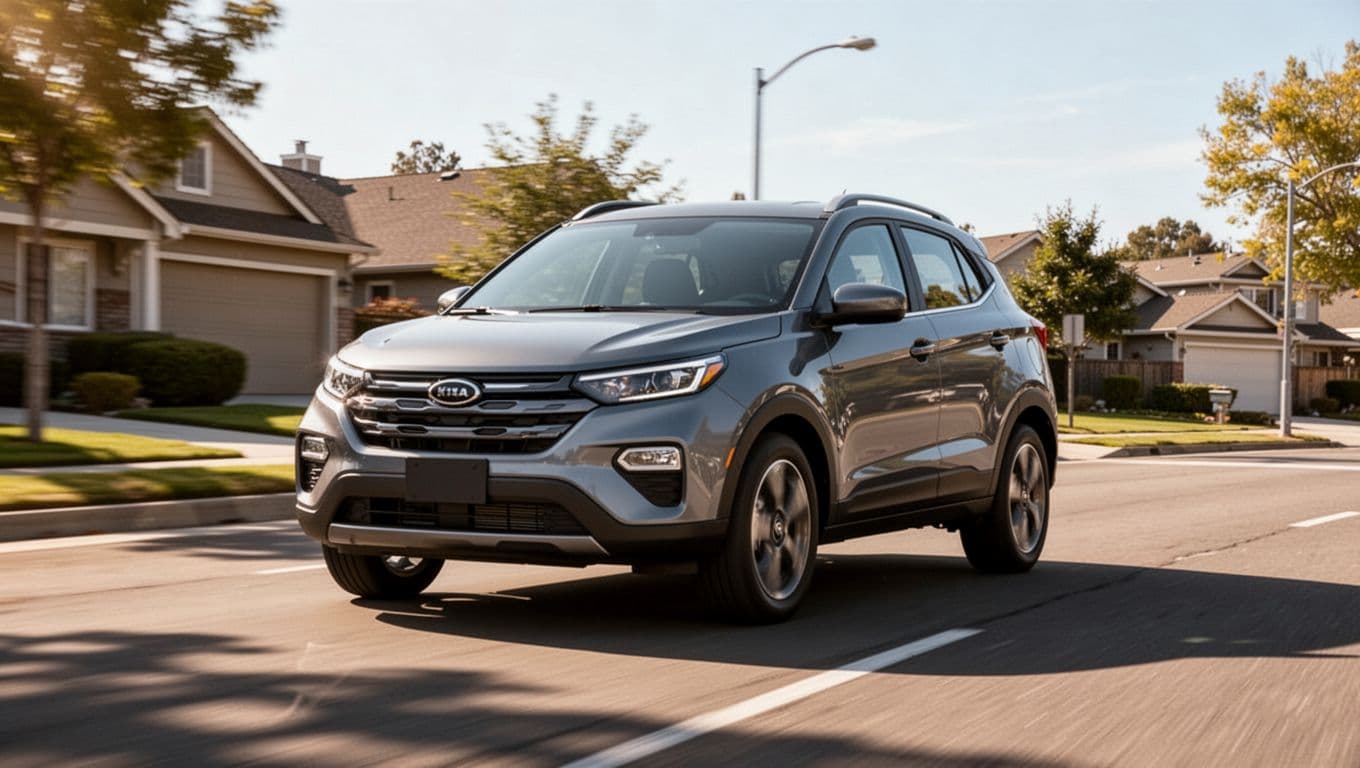 A 2026 Nissan Rogue compact SUV drives smoothly on a suburban road during daytime, captured from a front three-quarter angle in realistic photo style with clear weather and natural lighting.