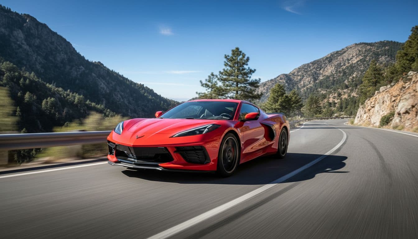 A red 2026 Chevrolet Corvette Stingray coupe speeds dynamically on a winding mountain road, captured from a low angle to highlight its mid-engine sports car performance under clear blue skies with natural daylight.