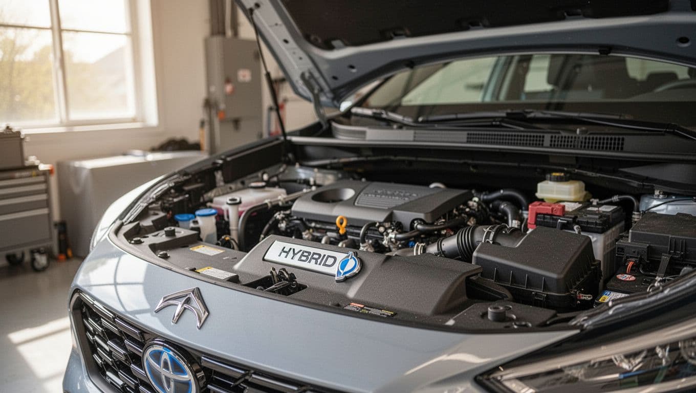 Close-up realistic photo of the 2026 Subaru Crosstrek hybrid badge and engine bay details under a slightly open hood in a clean garage with natural indoor lighting, focusing on powertrain elements without people or extra text.