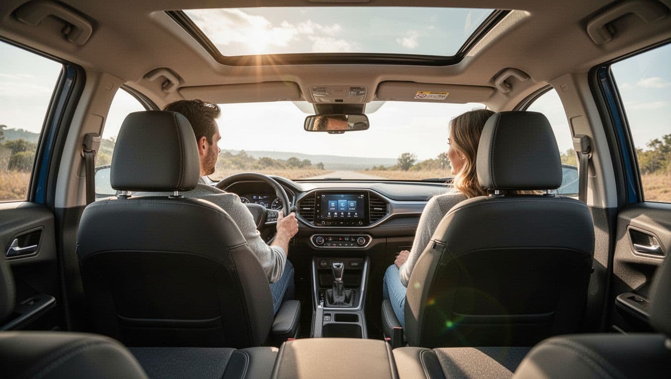 Interior of 2026 Subaru Crosstrek dashboard and front seats with driver seated comfortably, offering good visibility through large windows, modern infotainment screen on, clean practical cabin lit by soft daylight from sunroof.
