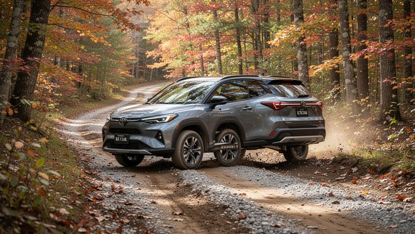 The 2026 Subaru Crosstrek Wilderness trim powers through a gravel and mud-covered light off-road trail, highlighting its 8.7-inch ground clearance and all-wheel drive in an autumn forest setting. This dynamic side-angle realistic photo captures the vehicle's elevated stance and off-road prowess with no people or branding.