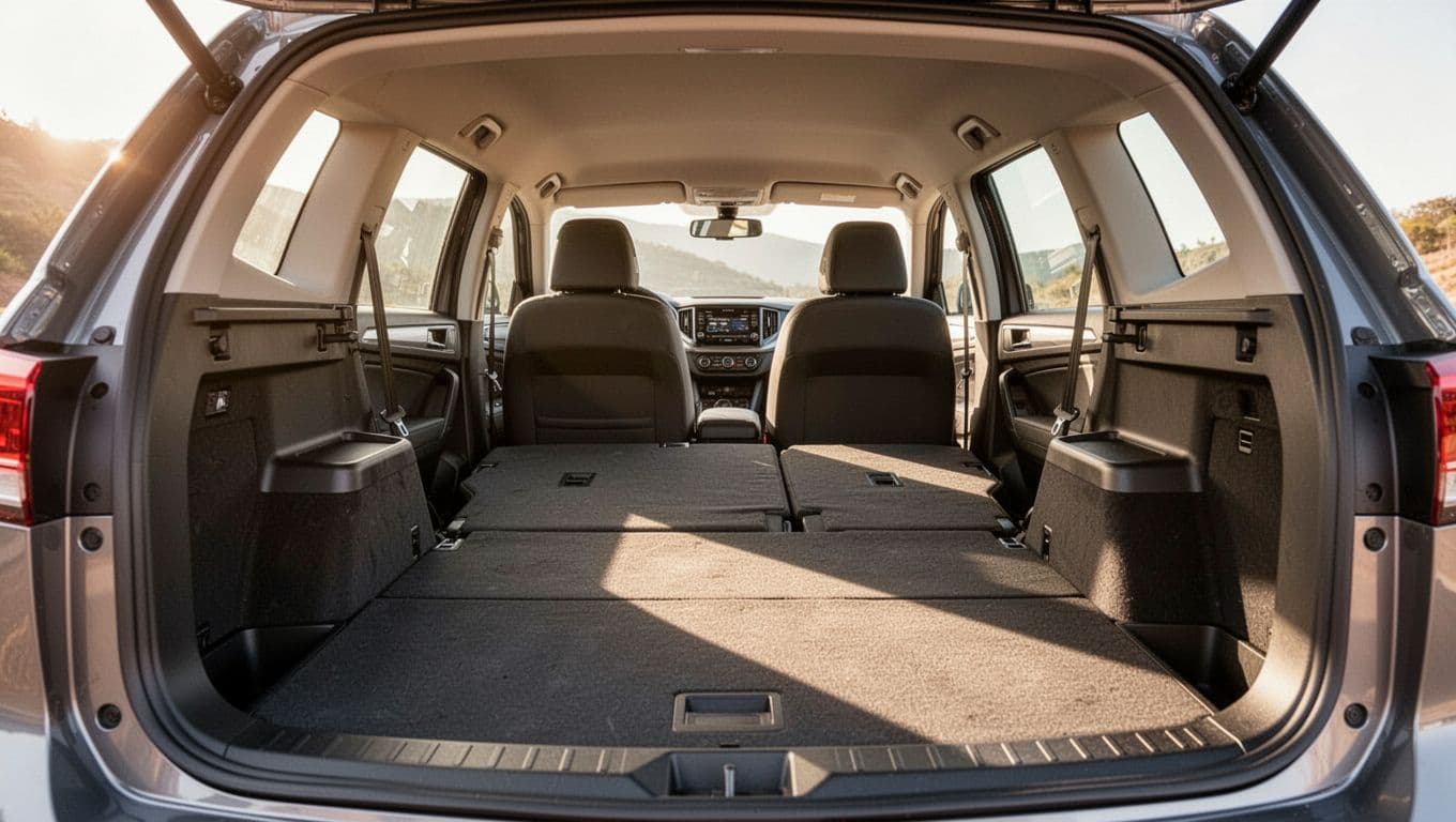 Wide-angle view from the rear hatch of the spacious cargo area in a 2026 Subaru Forester with rear seats folded down, featuring a clean, empty cabin illuminated by natural daylight.