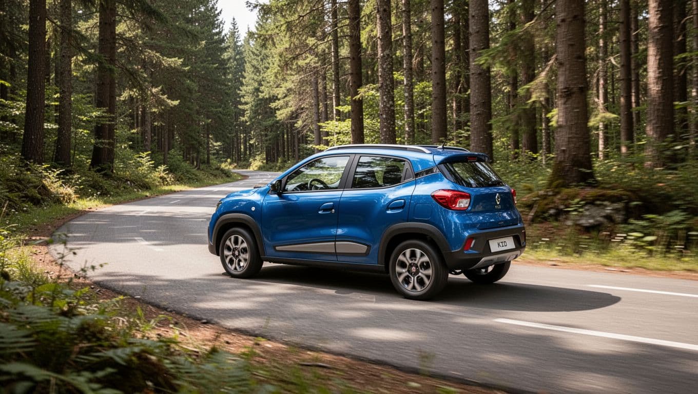 A blue 2026 Subaru Forester SUV drives on a winding paved road through a forested area during daytime, captured from a side angle in realistic photography style.