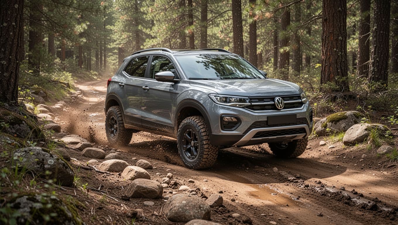 Elevated dynamic shot of the 2026 Subaru Forester Wilderness trim tackling a dirt trail with rocks and mud in a daytime forest, highlighting its high ground clearance and rugged tires.