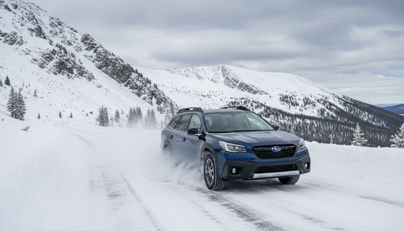 Dark blue 2026 Subaru Outback wagon drives confidently on a snowy mountain pass road with symmetrical AWD gripping icy patches, 8.7 inches ground clearance plowing light snow, and large windows for visibility in winter daylight.