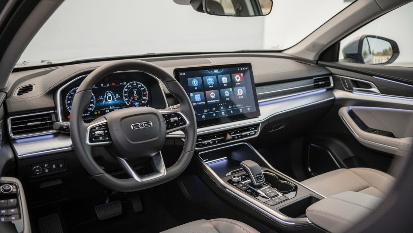 Driver's view inside the 2026 Volkswagen Atlas cabin, showcasing the 12-inch touchscreen center stack and digital gauge cluster at an angle, steering wheel, gear selector, modern interior details, and soft lighting. Realistic photo focused on the tech layout with no readable text on screens or logos.