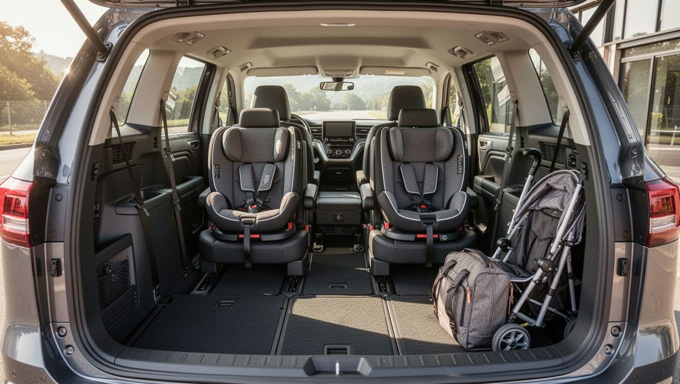 Wide-angle view of the 2026 Volkswagen Atlas interior highlighting spacious third-row seats with adult legroom, two car seats in the second row, and open cargo area with bags and stroller under bright natural light.