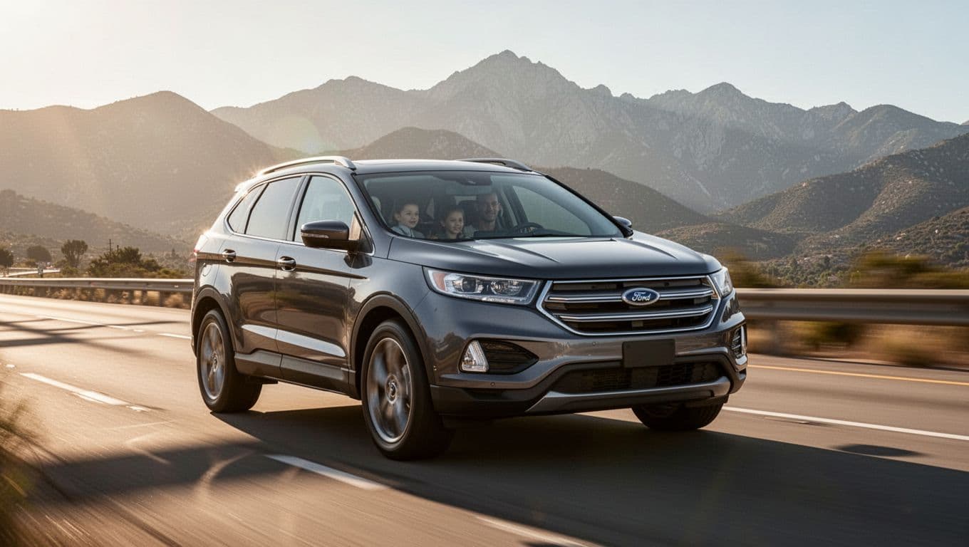 2026 Volkswagen Atlas SUV driving smoothly on a sunny highway with mountains in the background and family silhouette inside, front three-quarter view in realistic automotive style.