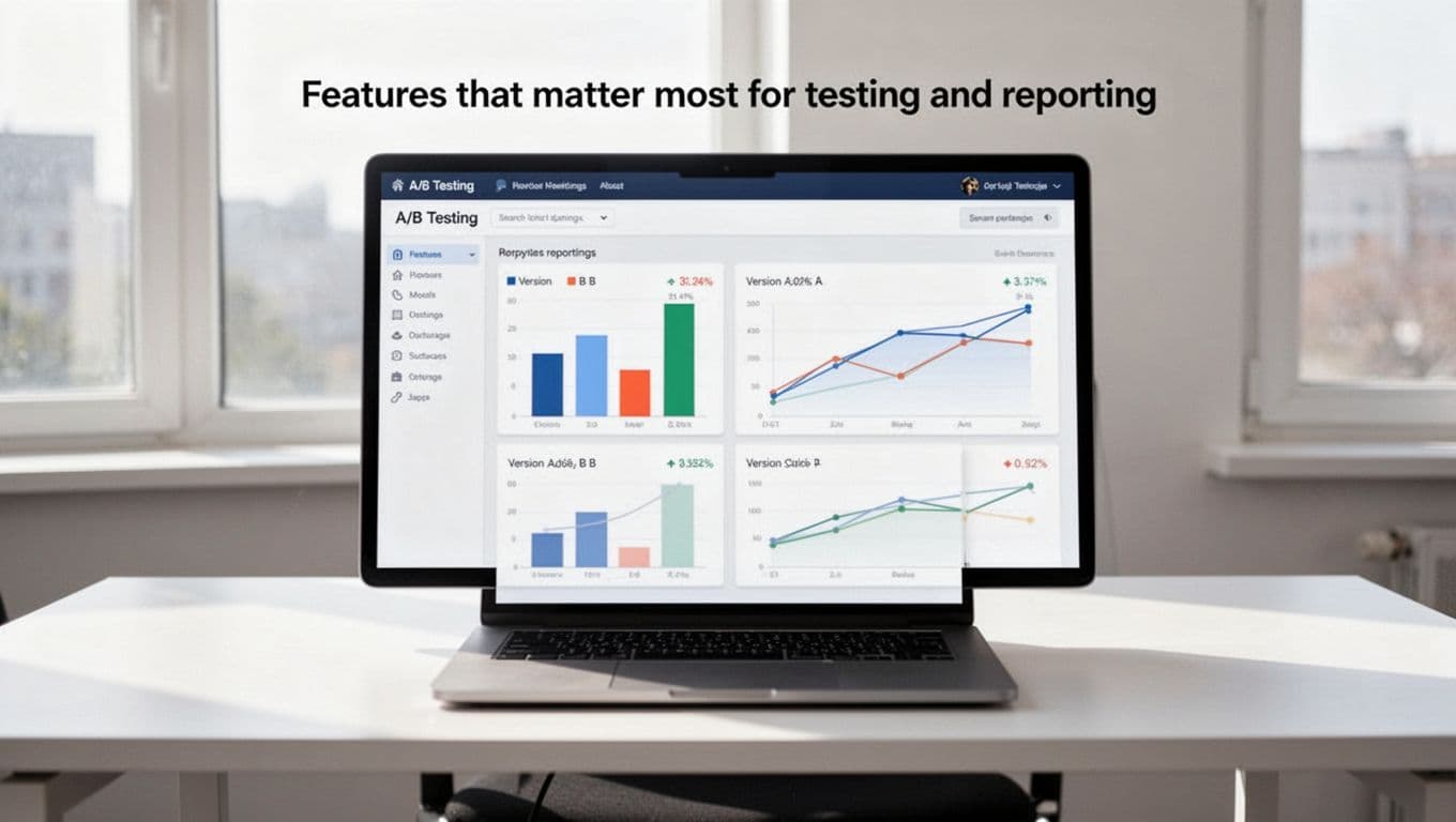 A clean laptop screen displays an A/B testing dashboard featuring bar charts and line graphs comparing version A and B performance metrics. Set on a modern minimalist office desk with soft natural daylight, in realistic photographic style with no text or watermarks.