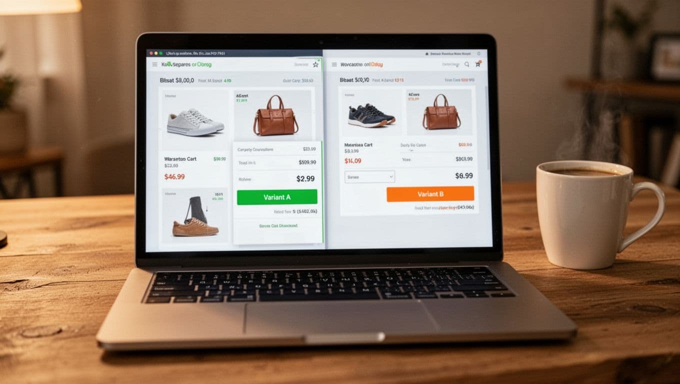 Laptop on wooden desk displays split-view of two e-commerce checkout pages side-by-side, featuring green add-to-cart button (Variant A) on left and orange (Variant B) on right, with coffee mug nearby.