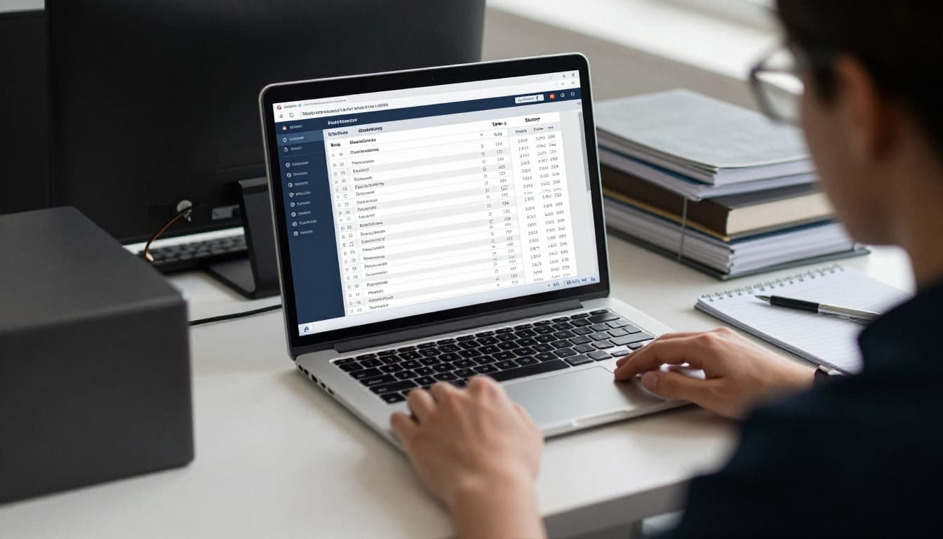 Accountant at a desk in a contemporary office viewing a laptop screen with a customizable project dashboard displaying recurring tasks for bookkeeping, payroll runs, sales tax filings, capacity charts, and deadlines; realistic style with soft lighting.