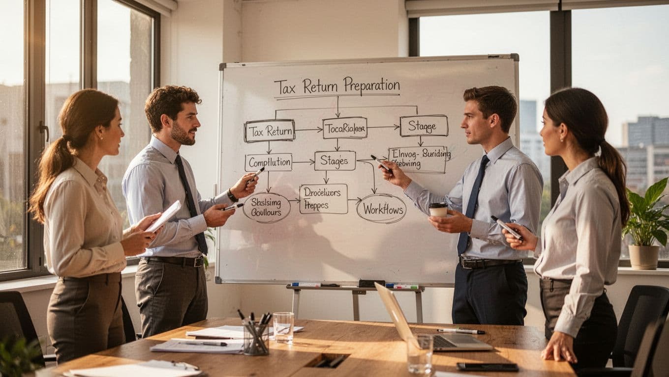 A small team of four accountants collaborates in a sunny conference room, sketching a simple workflow diagram for tax return preparation on a whiteboard.