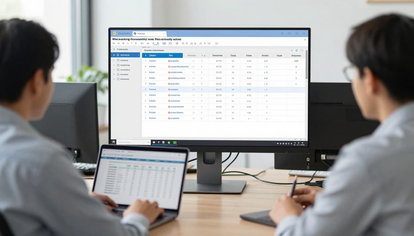 Three accounting professionals in a modern office gather around a large computer screen showing a project dashboard with task lists, deadlines, and status updates for client audits and tax preparation.