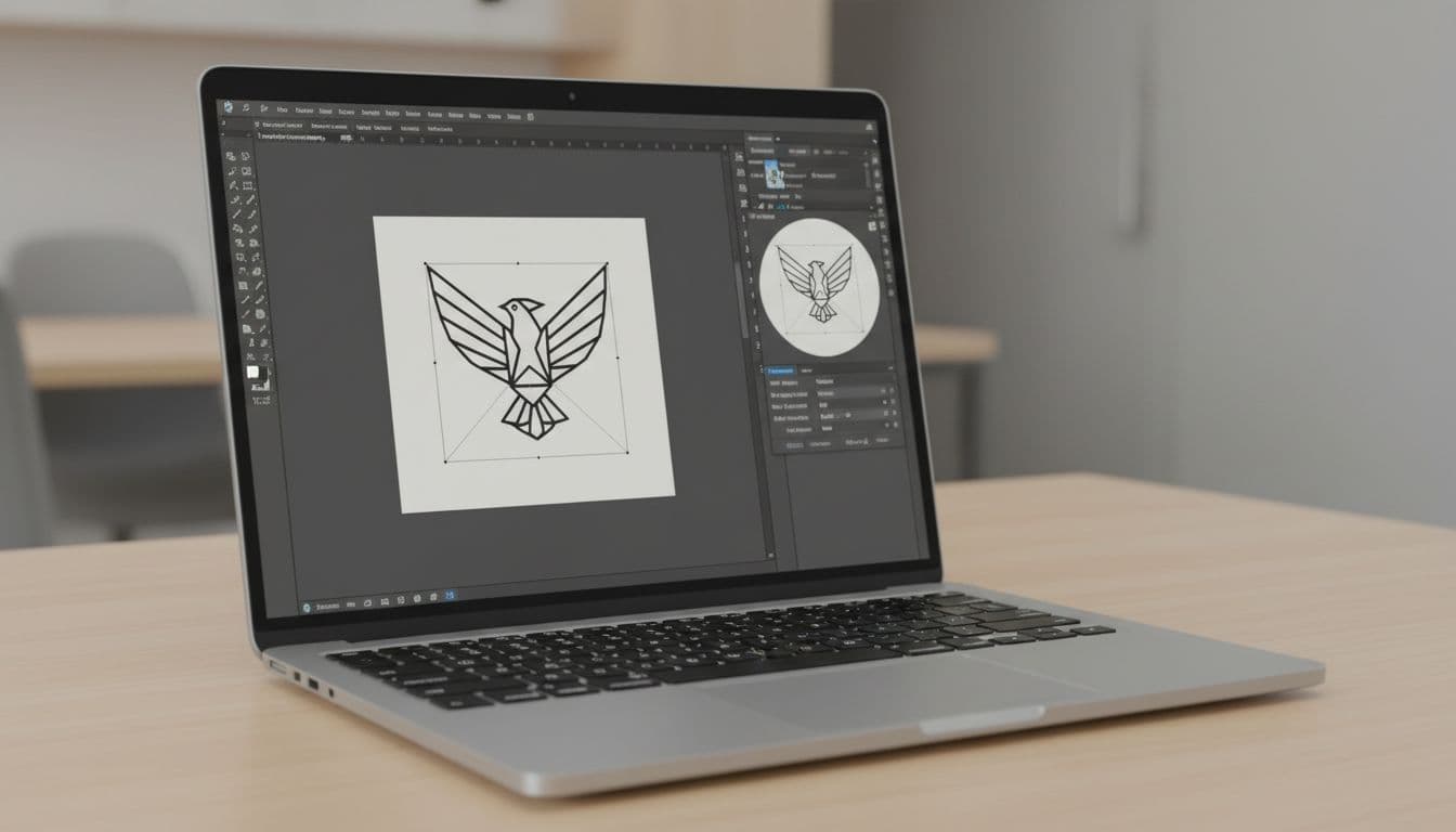 Adobe Illustrator interface on a laptop screen showing the Image Trace panel open with a traced logo preview, one laptop on a desk, screen angled slightly, soft office lighting, realistic style.