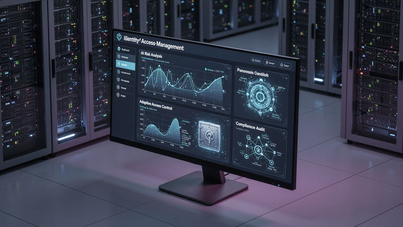Isometric 3D dashboard view of advanced Identity and Access Management (IAM) featuring AI risk analysis graphs, adaptive access controls, PAM vault icons, and compliance audit reports in a dark mode professional interface within a server room setting with blue-purple lighting.