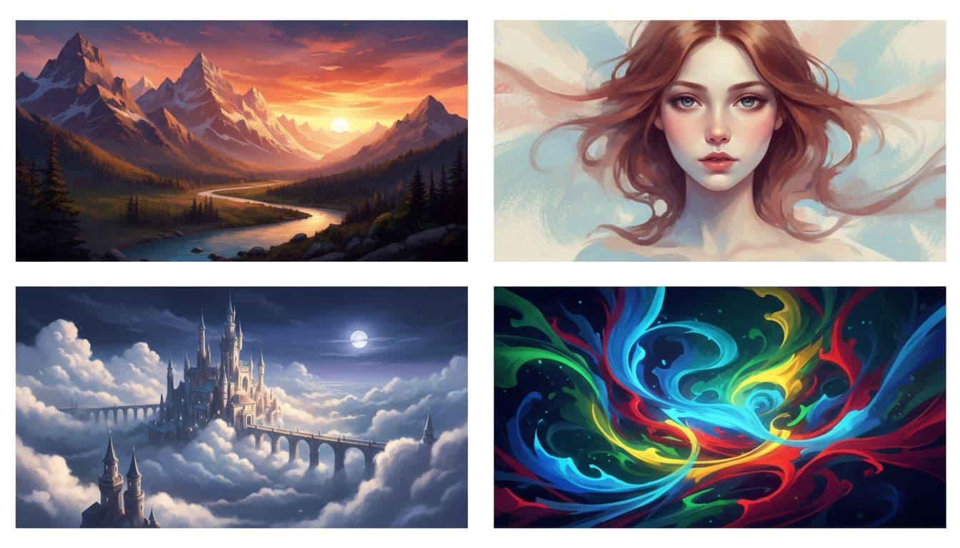 Grid of four AI-generated art samples showcasing diverse styles: realistic mountain landscape at sunset, painterly portrait with soft brush strokes, fantasy castle in clouds, and experimental abstract swirling colors, evenly spaced on white background.