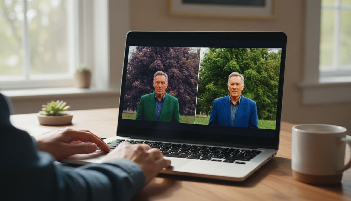 Laptop screen in cozy workspace split view: left shows unnatural skin tones, wrong clothing colors, mismatched background in AI colorized old video; right displays natural corrected version with soft window light and one person's hands on desk.