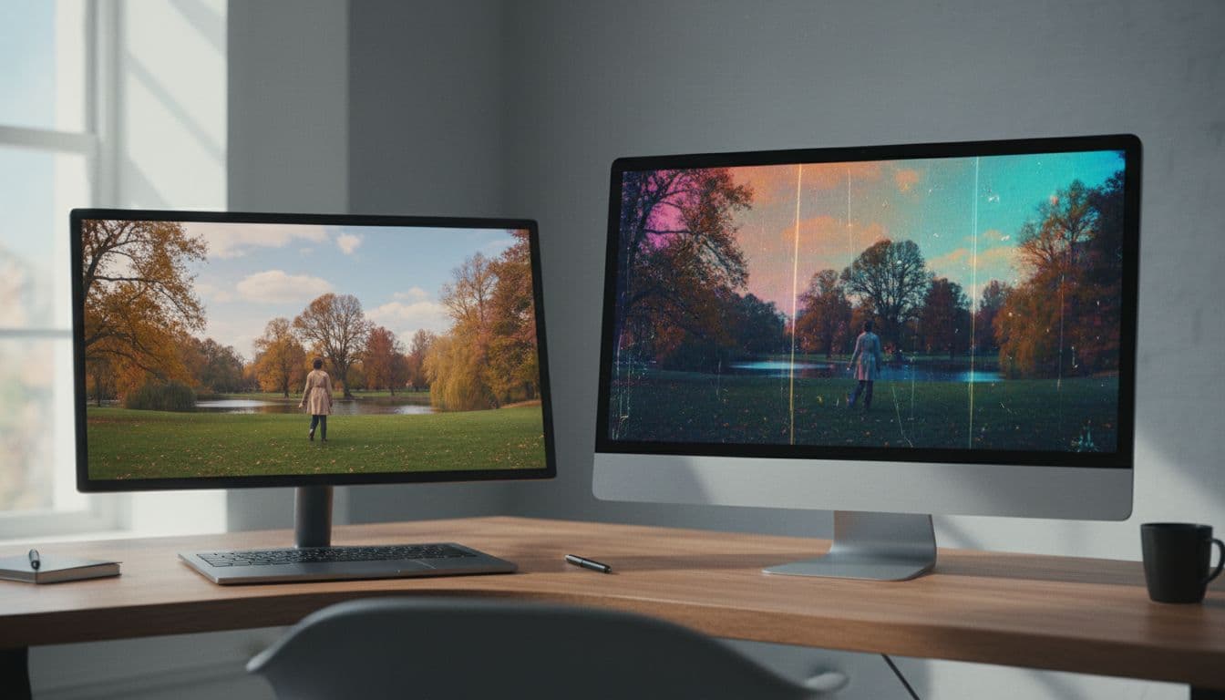 Two side-by-side screens on an office desk under natural daylight show a clear, naturally colorized black-and-white video of a person walking in a park next to a blurry, grainy, fast-motion damaged film with inconsistent colors.