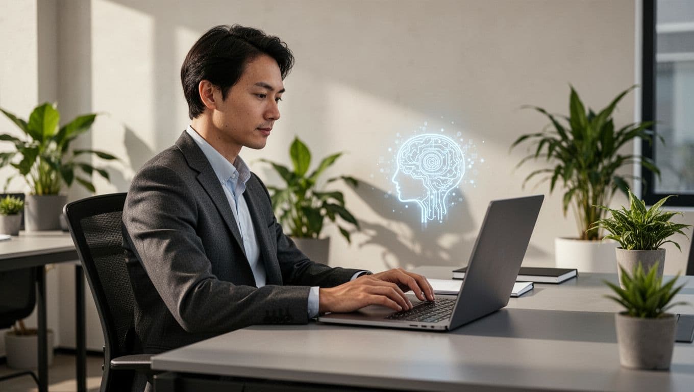 A relaxed sales team member at a modern desk uses an AI-powered CRM on their computer, featuring a subtle glowing AI assistant icon and blurred email drafting elements in a plant-filled workspace with soft lighting.