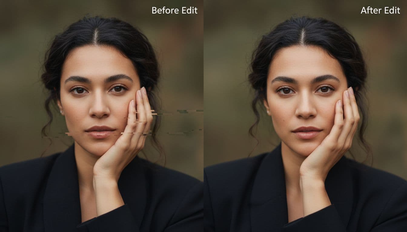 Side-by-side comparison of an AI-generated woman portrait: left side shows imperfect hand and background, right side displays fixed hand and smooth background in realistic style with soft lighting.