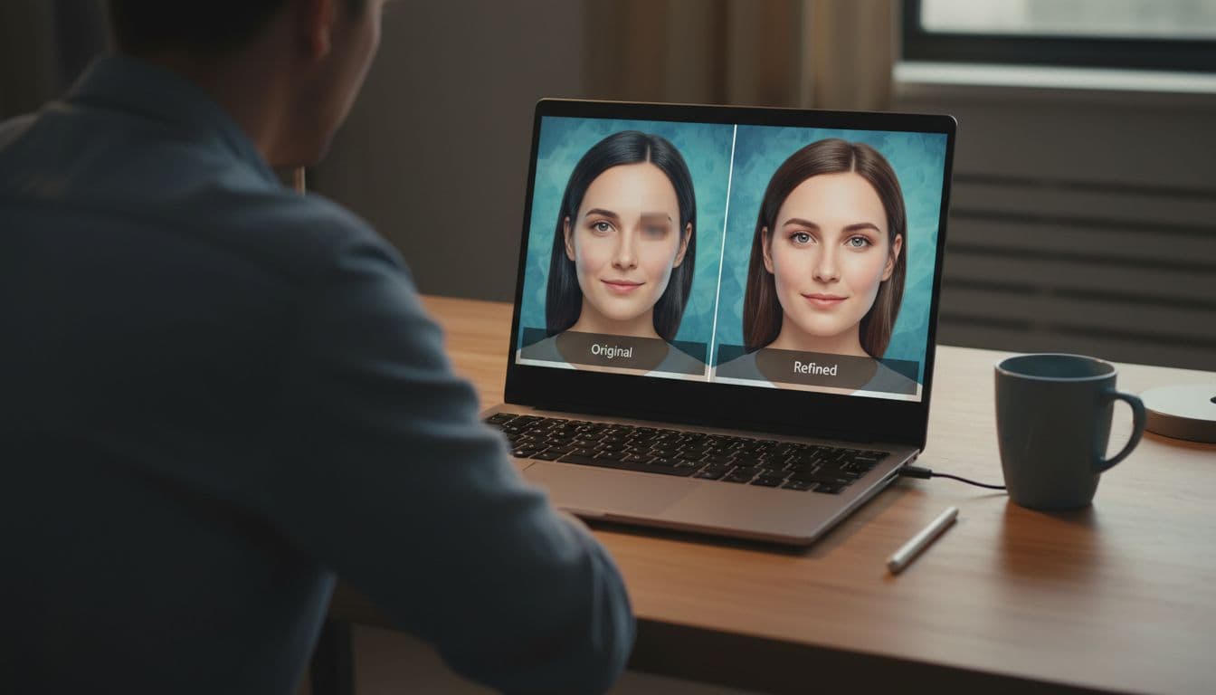 Creative professional in modern workspace leans toward laptop showing side-by-side original flawed and refined AI-generated portrait, with coffee mug and stylus on desk under soft lighting.