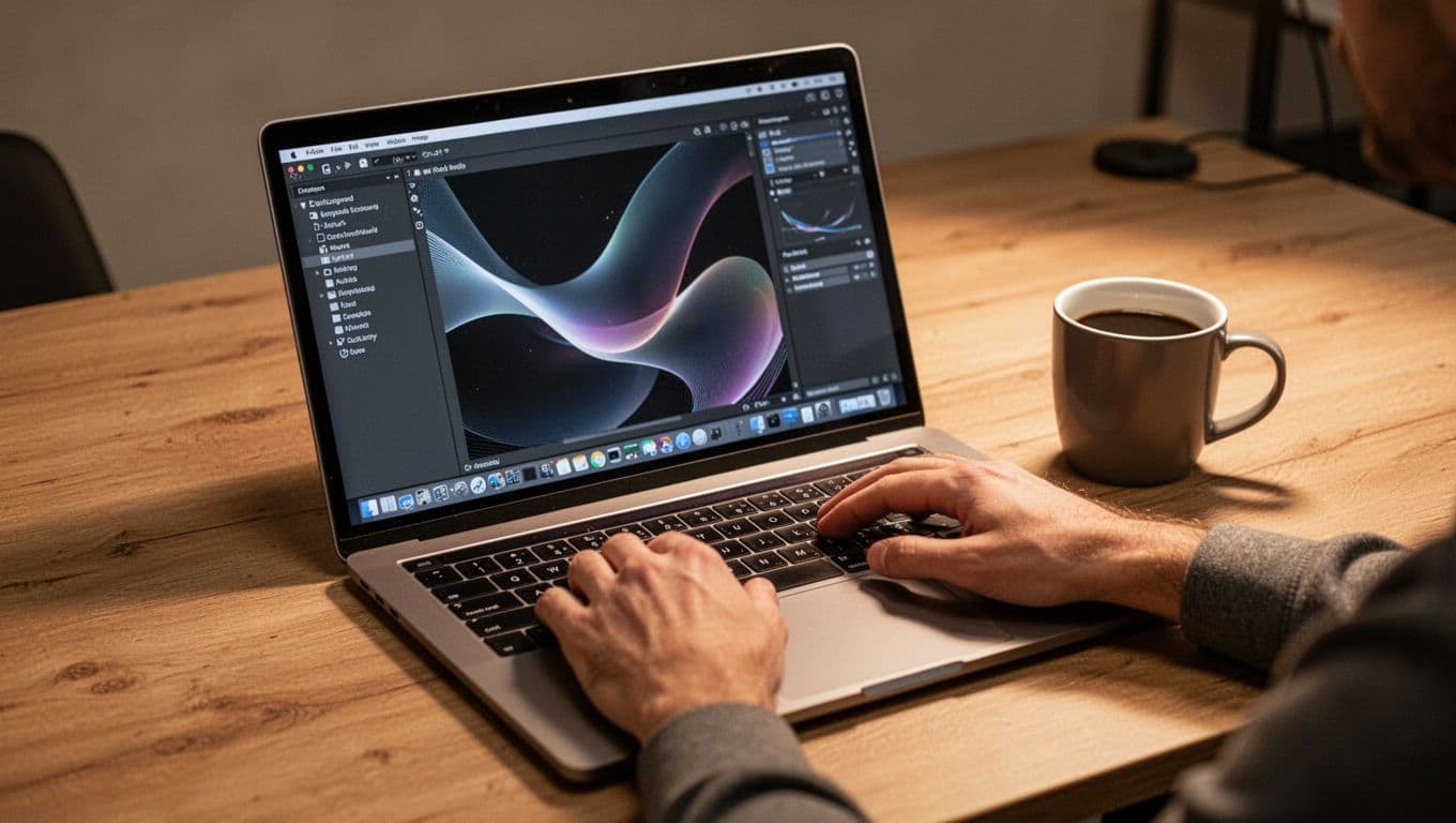 Photorealistic professional workspace with a single laptop open to an AI proposal tool dashboard featuring content library, draft sections, and win themes. Coffee mug nearby, warm office lighting, two relaxed hands on keyboard, no people or text visible.