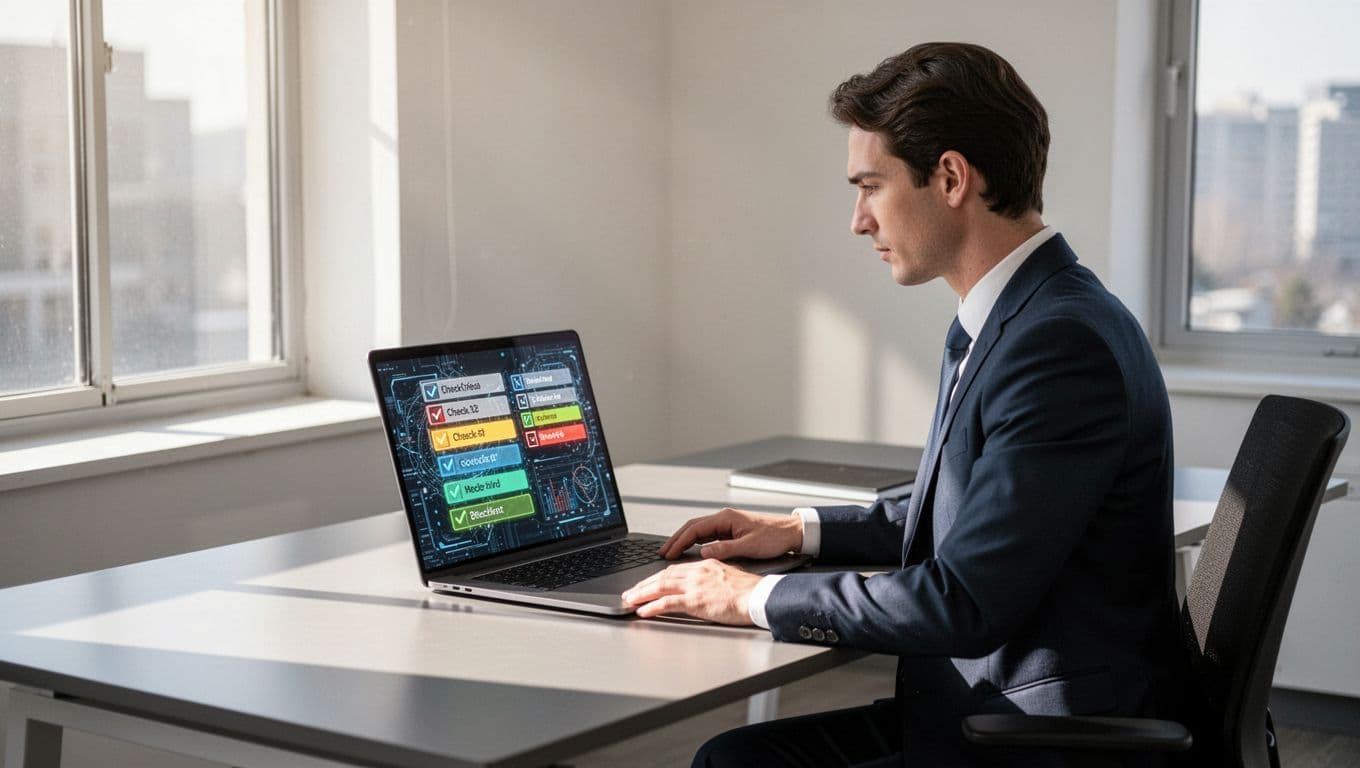 A business professional at a modern office desk views a laptop screen showing an RFP document with emerging AI-generated checklists, highlights, and breakdowns under soft natural lighting.