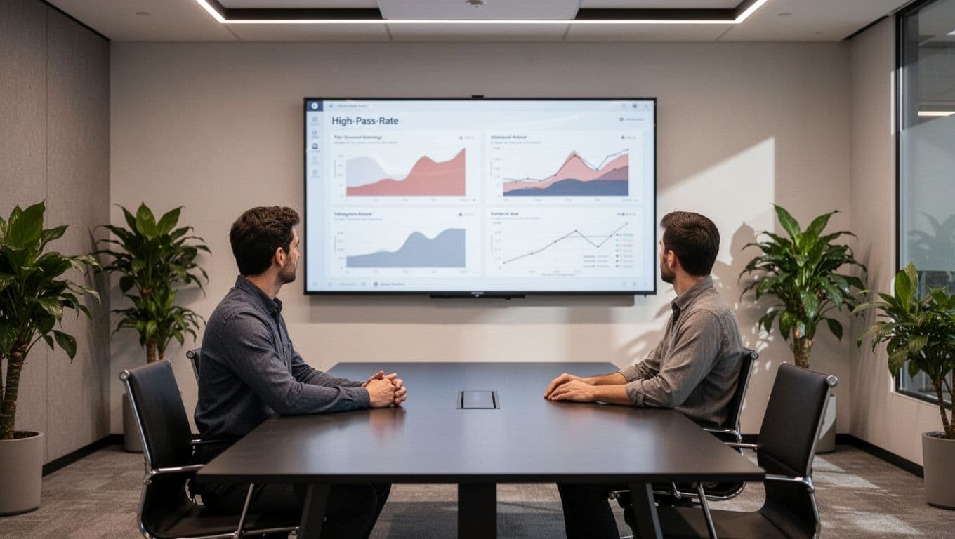 A data analyst examines an AI testing dashboard on a large monitor in a professional office conference setup, displaying high pass rate metrics and English test prompts for tools like TestSprite, Tosca, and testRigor, with no readable text visible.