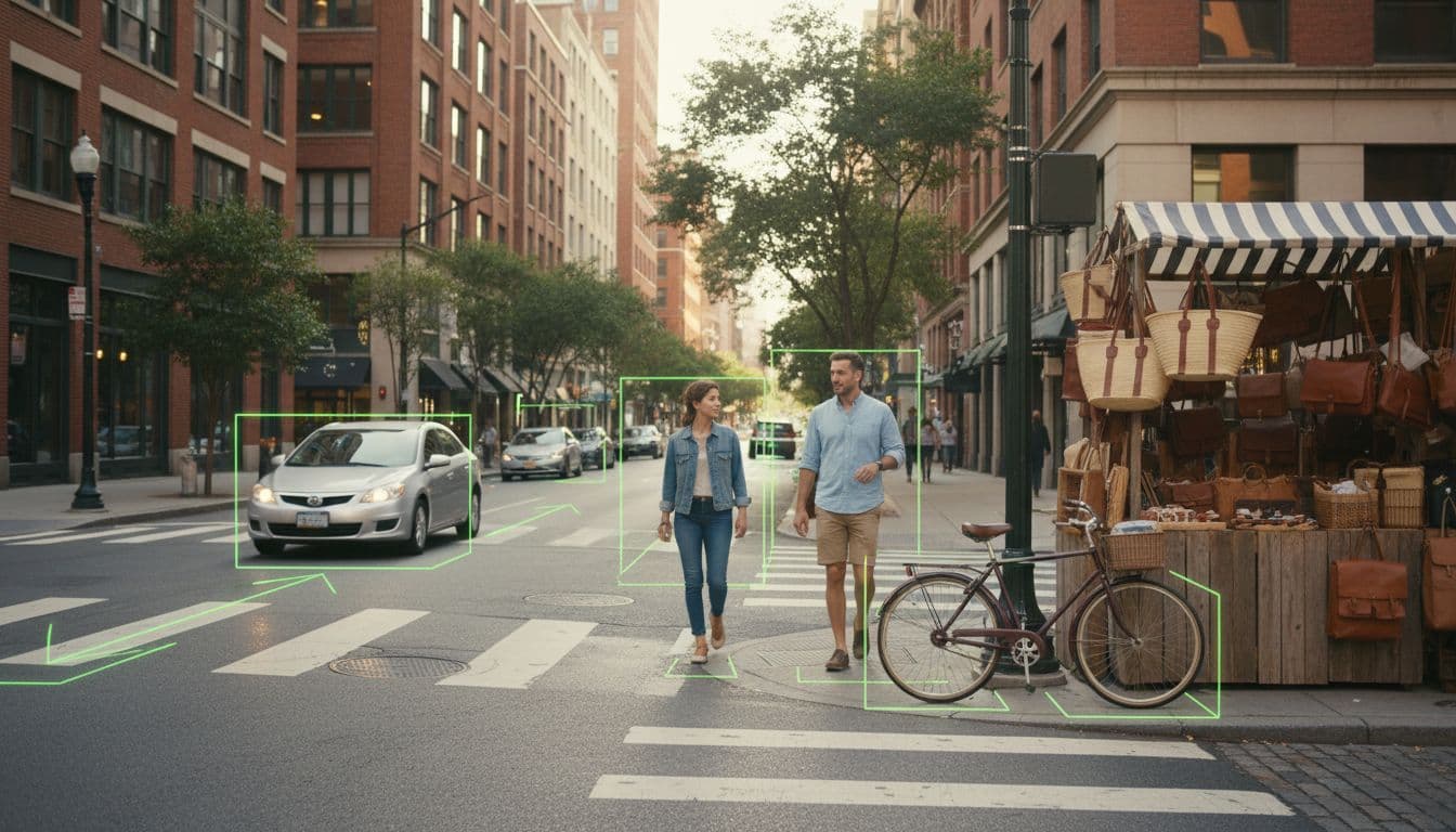 Photorealistic busy city street in daylight with pedestrians walking in different directions, a driving car, nearby bicycle, and street vendor stall; faint AI bounding boxes track exactly two people and the car across the frame.