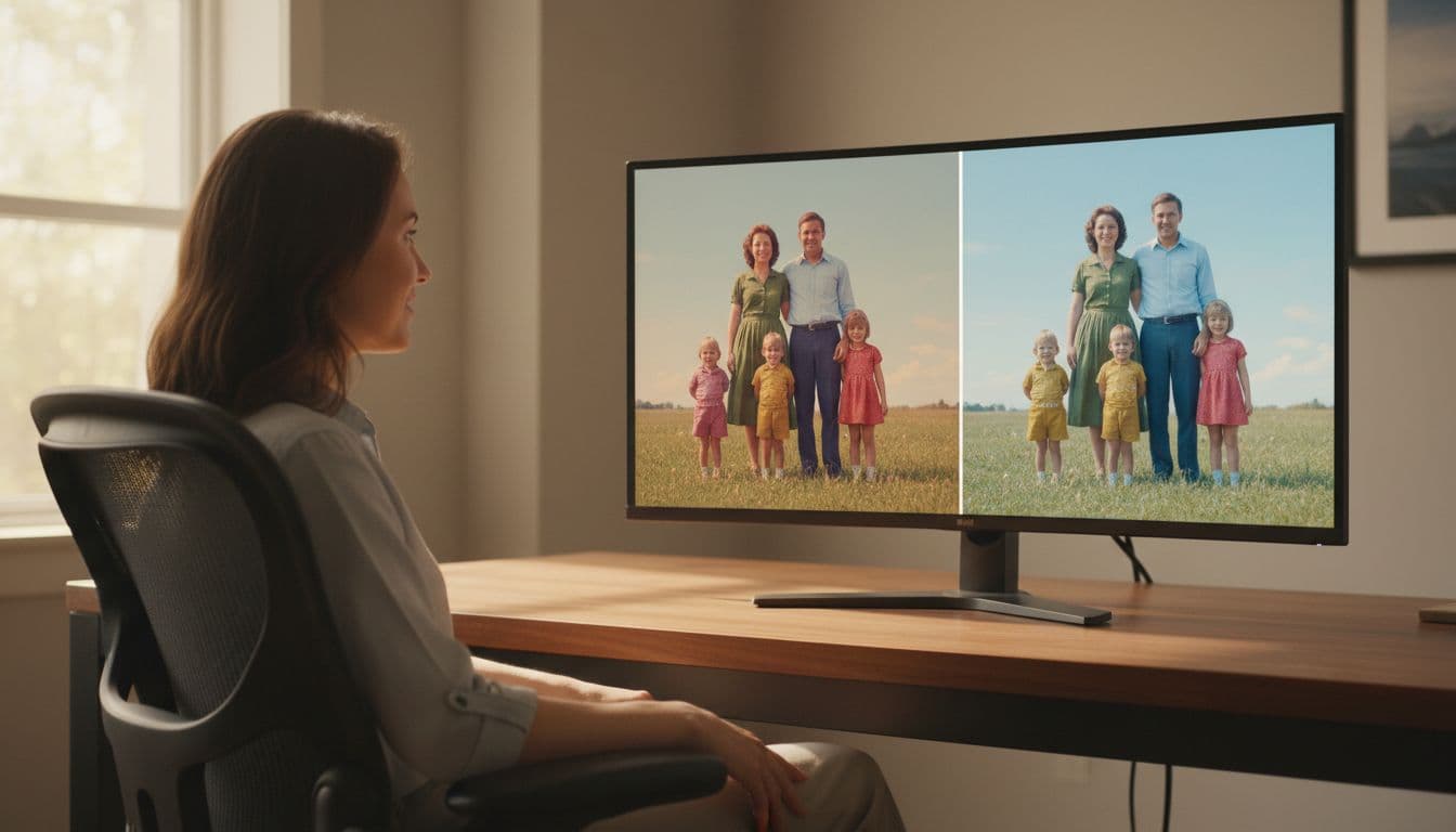 Split screen on a home office computer monitor: left shows flickering colorized vintage family video, right shows smooth fixed version. Warm natural lighting with one relaxed person nearby.