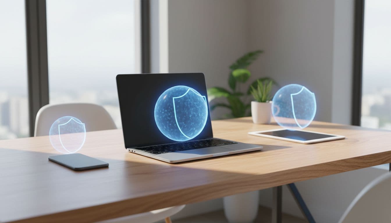 Modern laptop, smartphone, and tablet arranged on a wooden desk in a bright home office, each surrounded by subtle glowing blue protective shields symbolizing antivirus security. Realistic photography with natural daylight lighting, wide landscape composition.
