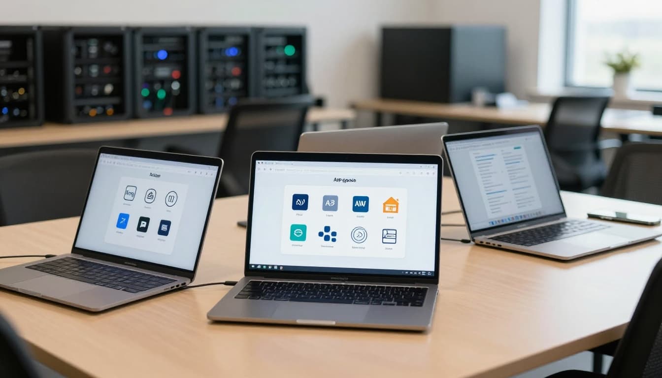 Realistic photo of a comparison chart for API tools like Kong, Apigee, AWS, and Azure gateways displayed on two laptops on a conference table, with subtle server rack in background and natural office lighting.