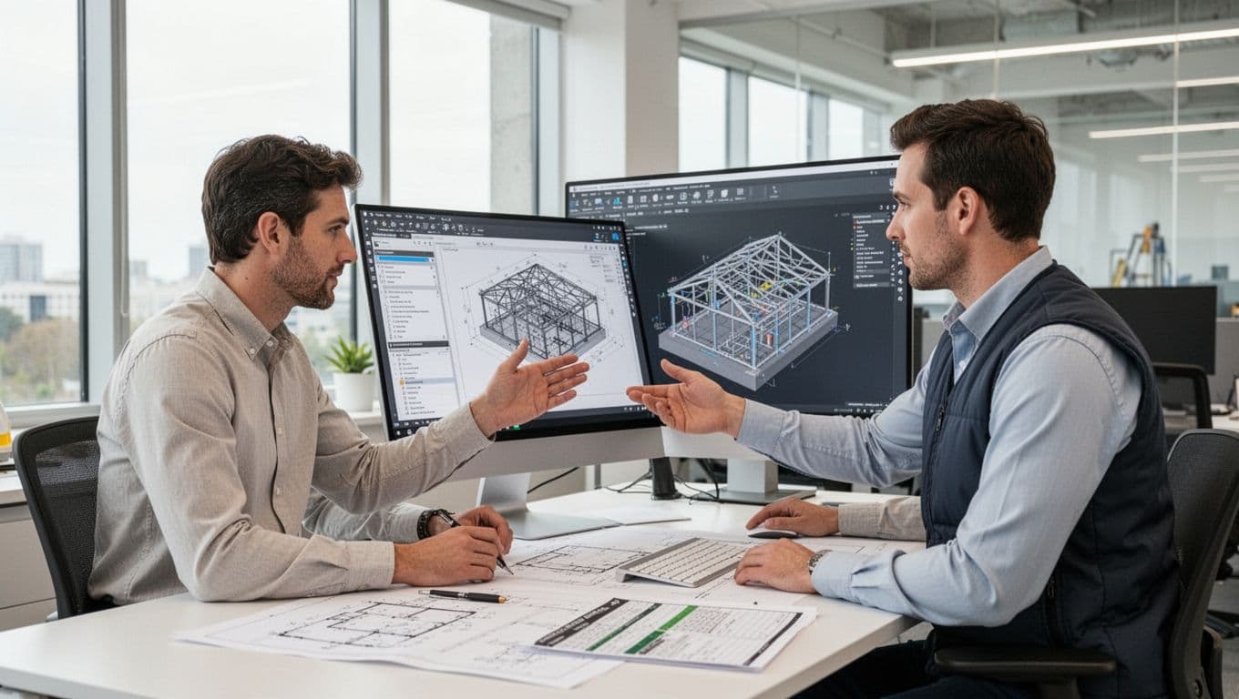 In a bright modern office, an architect in light shirt and engineer in vest closely collaborate at a shared workstation, reviewing digital blueprints and 3D models on a large monitor amid scattered drawings and checklists.
