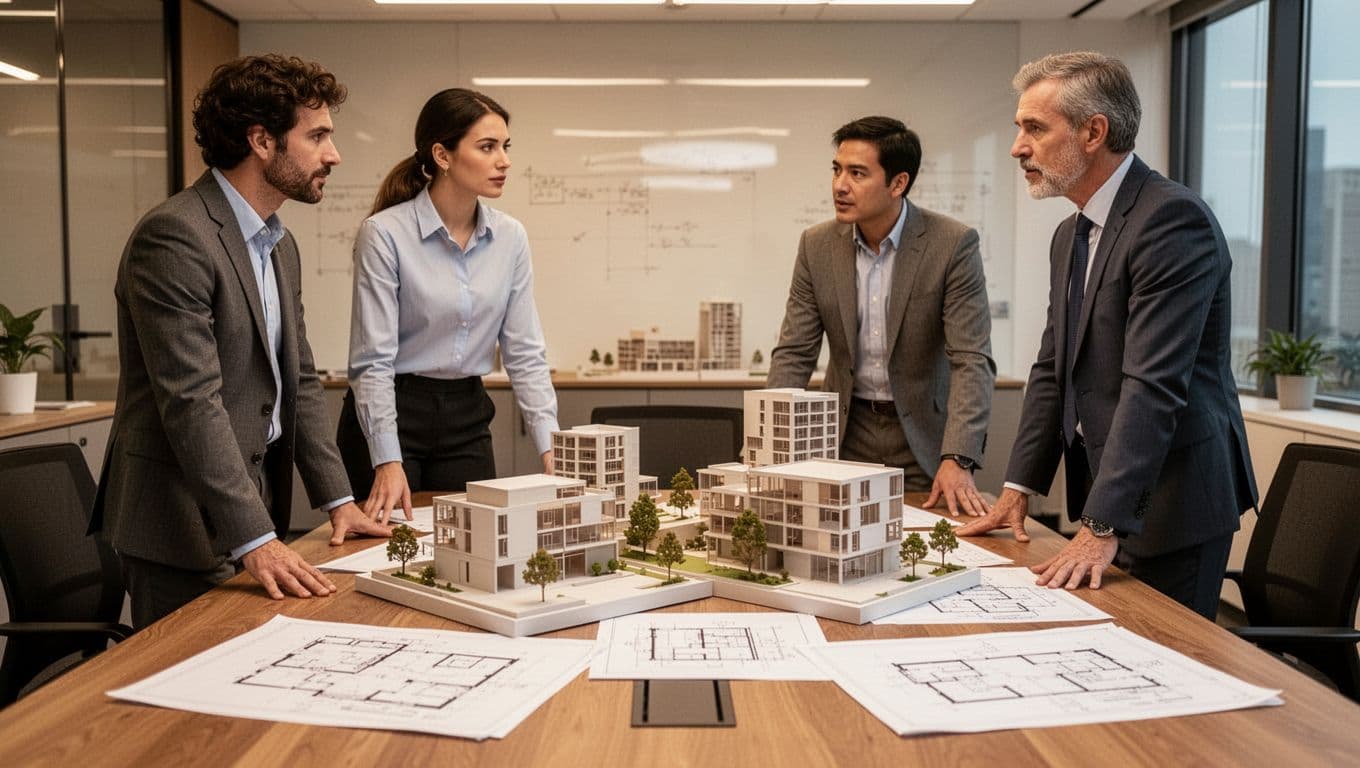 A team of four architects stands around a conference table examining physical scale models, sketches, and drawings while discussing project progress in a warmly lit professional office.
