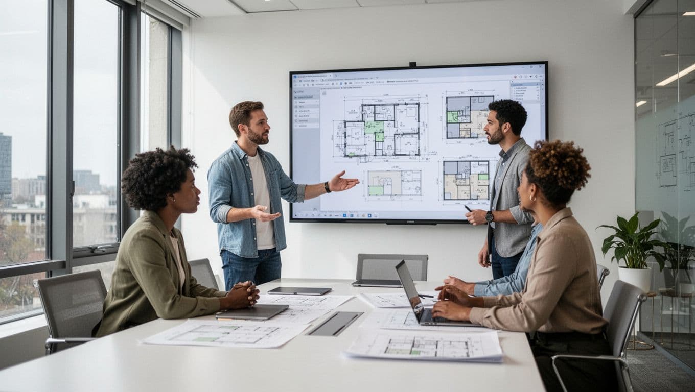 Three diverse architects in a bright modern office gathered around a conference table, reviewing digital building plans on a large wall-mounted screen with one gesturing relaxedly, emphasizing team collaboration.