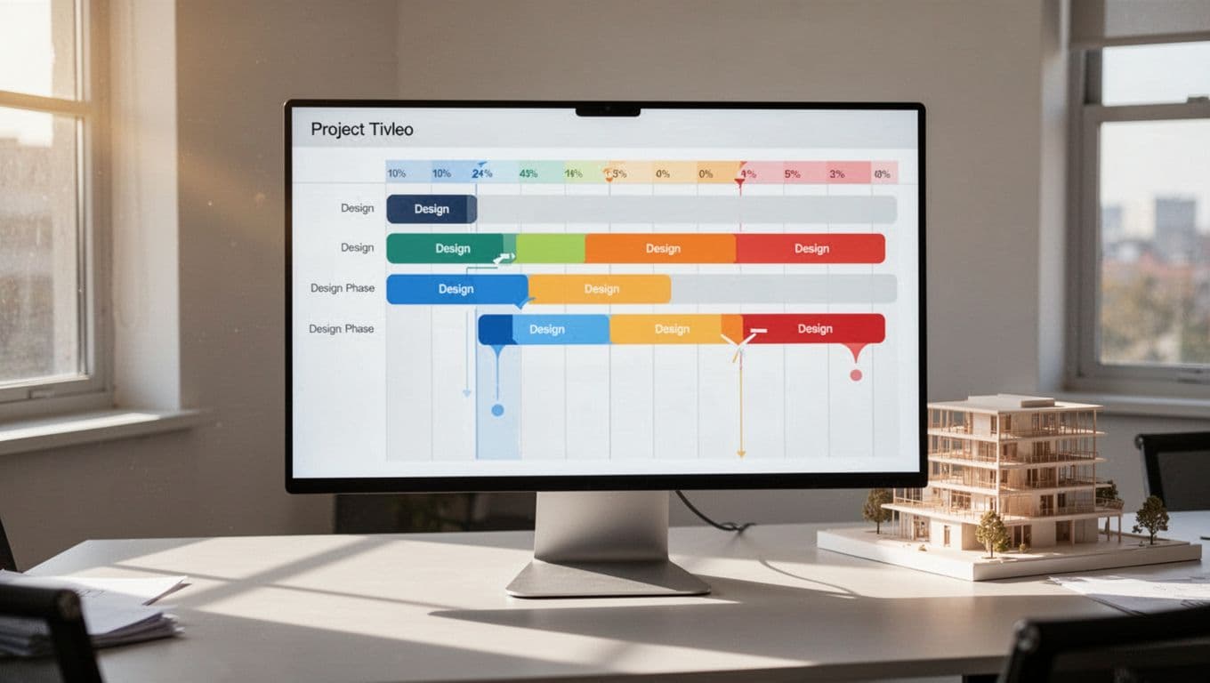 Modern computer screen displaying a clean Gantt chart for an architecture project timeline with phases like schematic design, construction documents, bidding, and construction on an office desk.