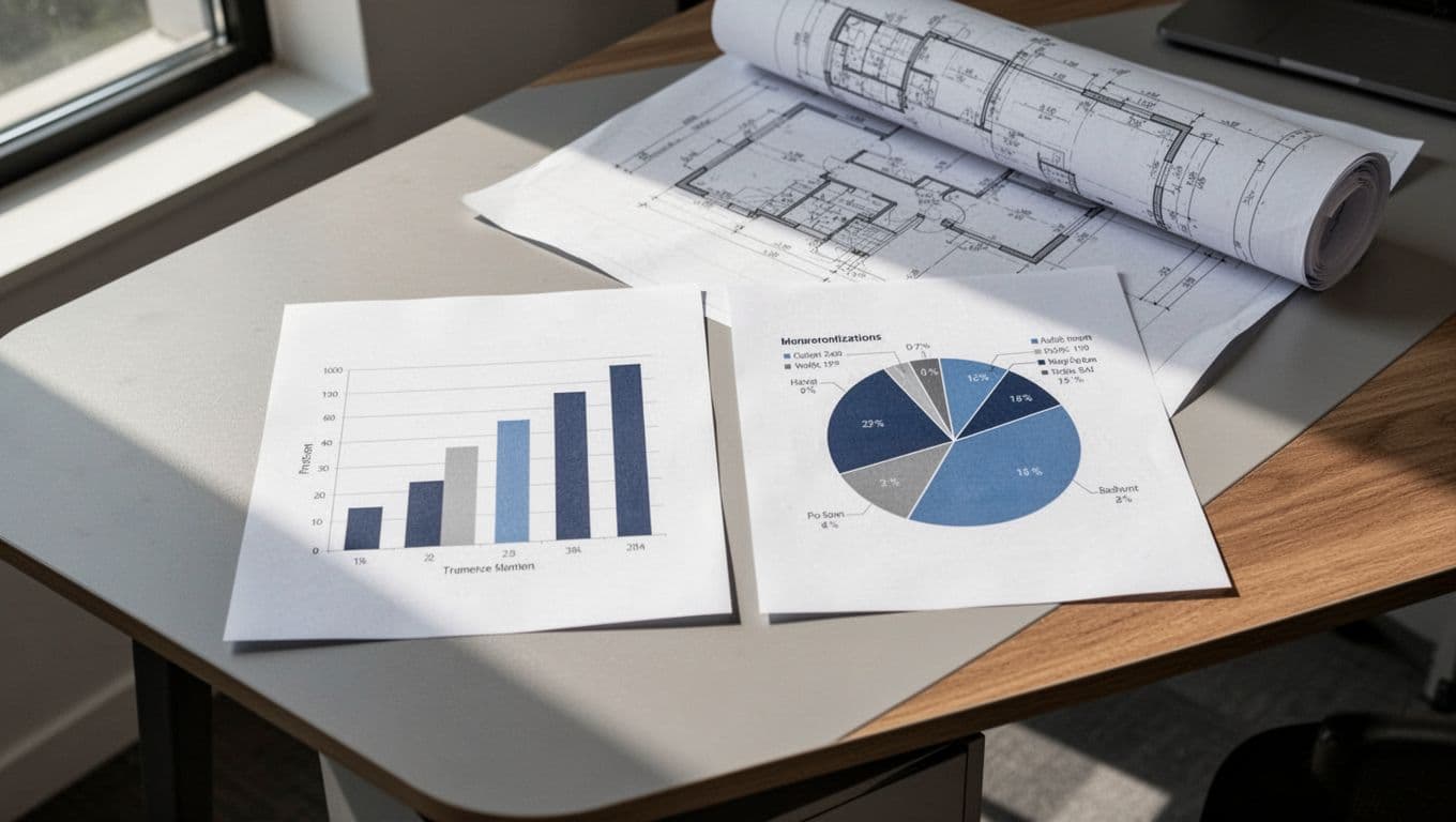 Clean modern office desk with printed bar graph comparing expenses to planned budget and pie chart for fee allocation in architecture project, subtle blueprint background, natural lighting, top-down view.