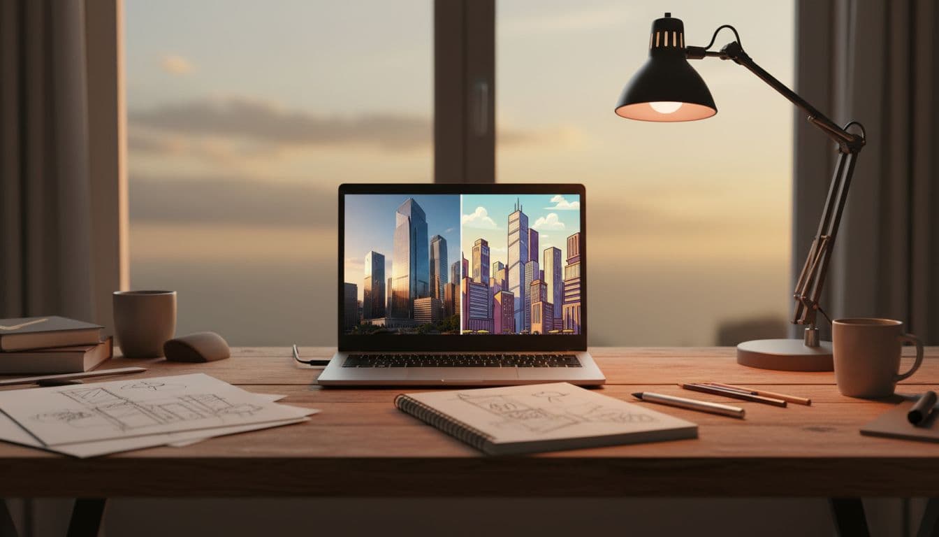Photorealistic image of a wooden desk setup featuring an open Windows laptop displaying split-view AI images—one realistic cityscape and one cartoon version—alongside notepad sketches, stylus, and warm lamp light.