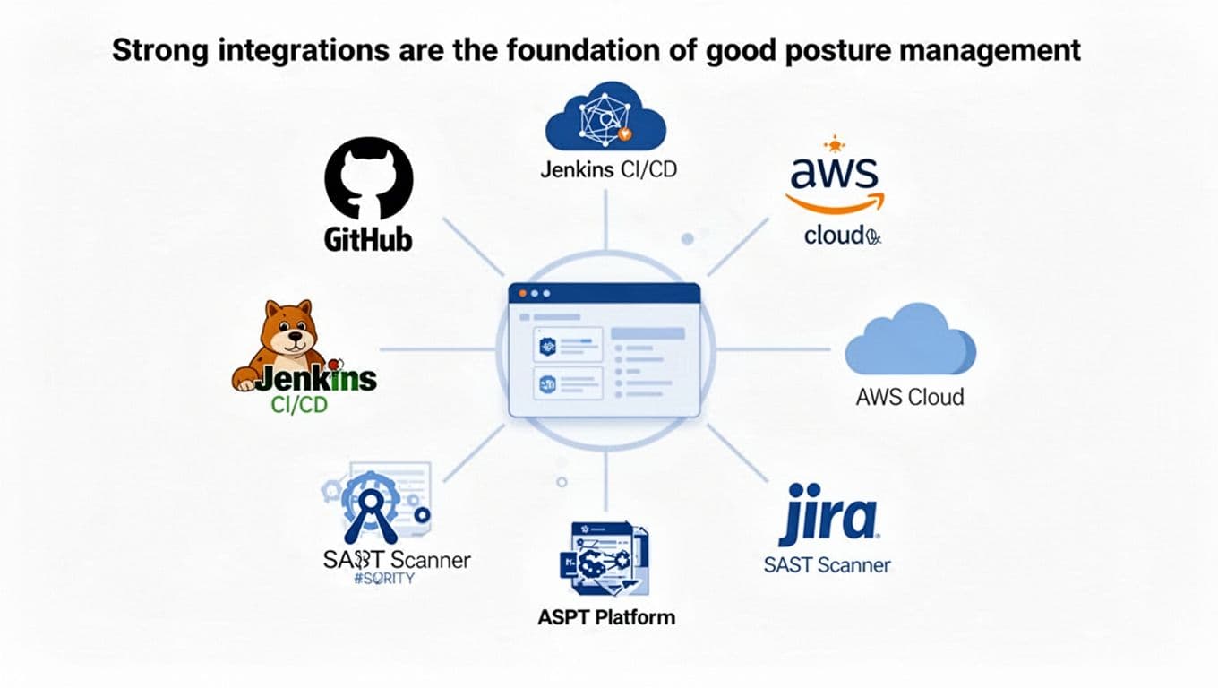 Minimalist illustrative diagram depicting application security tools like GitHub, Jenkins CI/CD, AWS, Jira, and SAST scanner connecting seamlessly to a central ASPM platform dashboard hub.