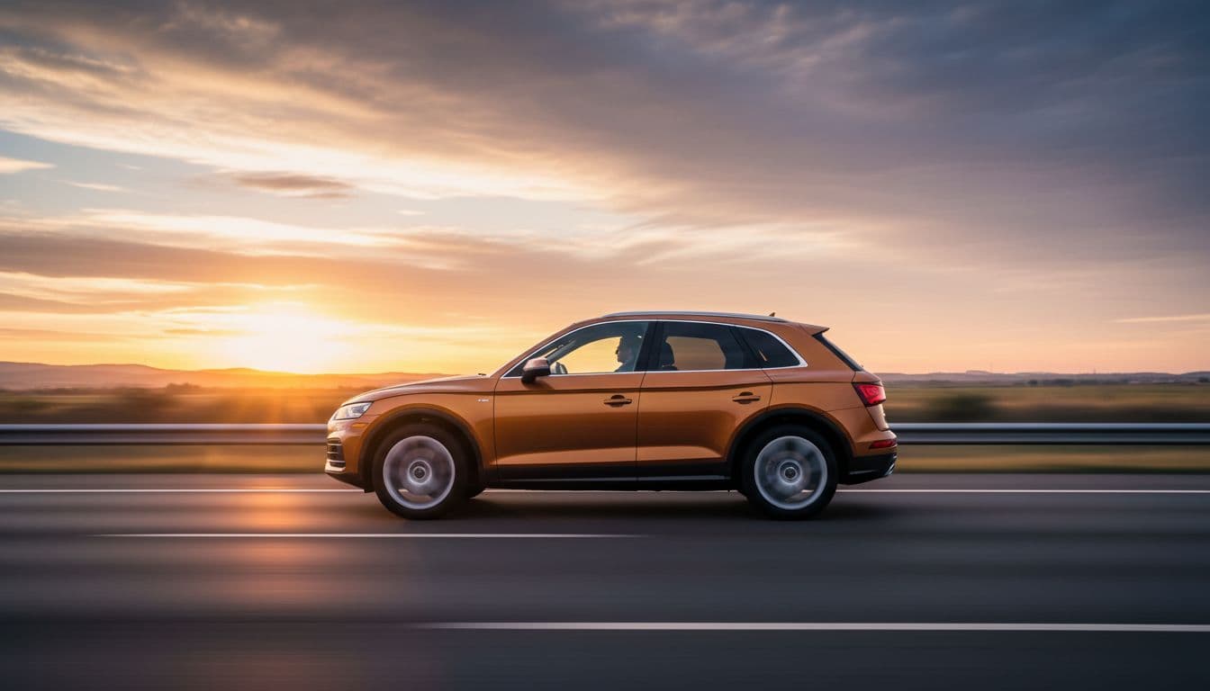 Audi Q5 driving elegantly on a highway at sunset, side profile with motion blur on wheels, warm golden hour lighting highlighting its refined pose and confident road feel.