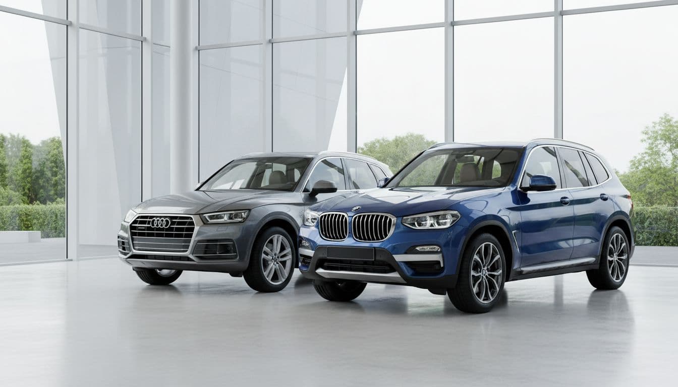 Audi Q5 and BMW X3 luxury compact SUVs parked side by side on a modern showroom floor, front three-quarter view with clean professional composition.
