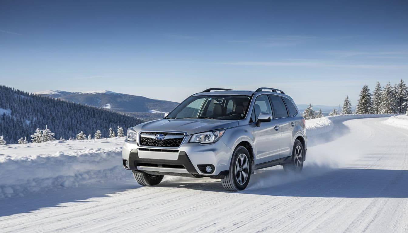 A compact SUV drives steadily on a snowy mountain road at moderate speed, with all four wheels gripping light powder snow, visible winter tires, stable posture, under clear blue skies with distant pine trees.
