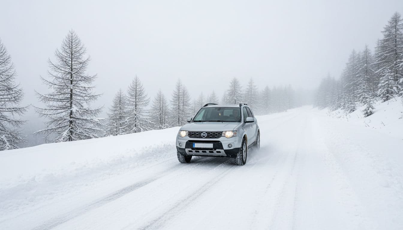 Compact SUV driving on a snowy road with all-wheel drive engaged, demonstrating reduced wheel spin and winter tires for superior traction in overcast daylight.