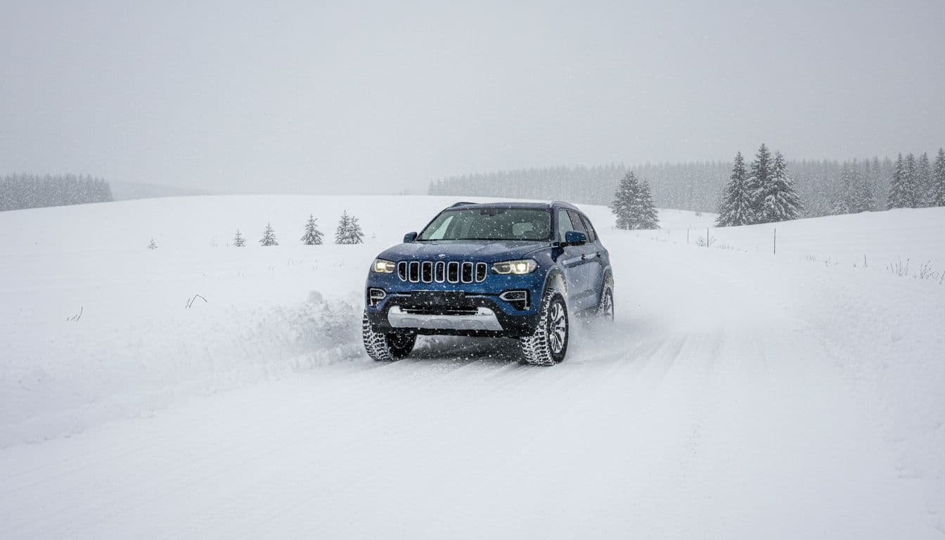 Modern all-wheel-drive SUV drives through deep snow on a rural winter road, highlighting high ground clearance with snow piling on tires and strong traction in fresh powder under an overcast sky.
