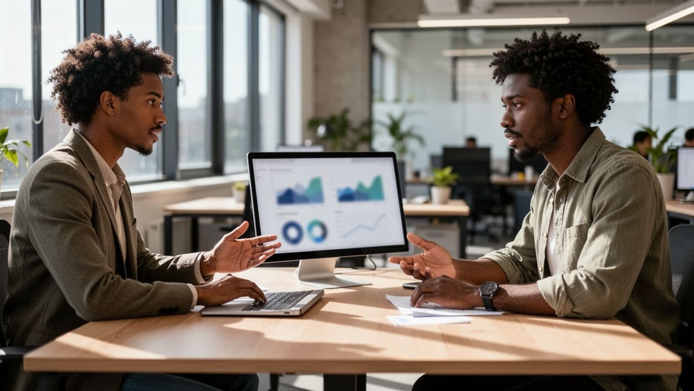In a modern open-plan office, three diverse marketing professionals collaborate around a shared table with a laptop displaying a blurred SaaS analytics dashboard showing metrics like MRR growth, customer acquisition cost, and pipeline under natural window light.