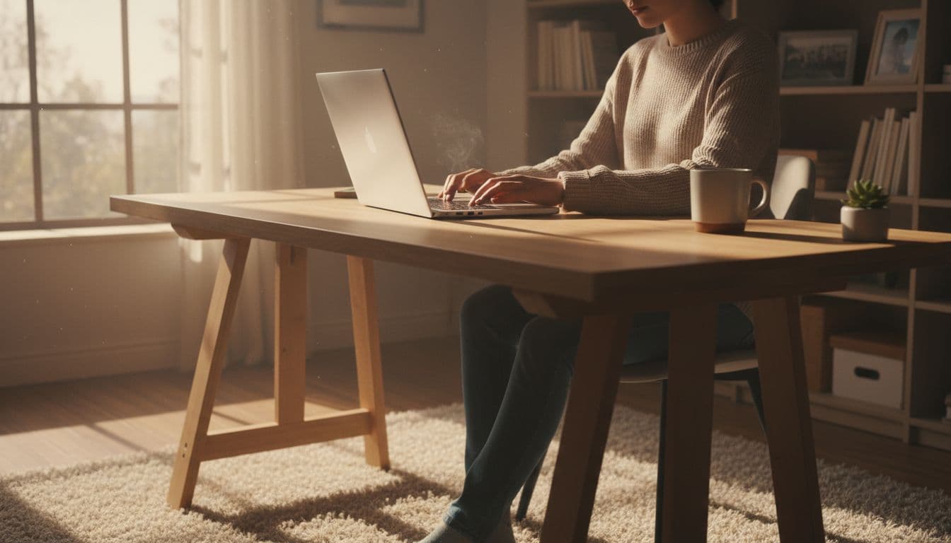 A relaxed beginner sits at a wooden desk in a cozy home office, typing a text prompt for an AI image generator on an open Windows laptop, bathed in warm afternoon light from the window. Realistic photograph with exactly one person, laptop screen angled away without visible details.