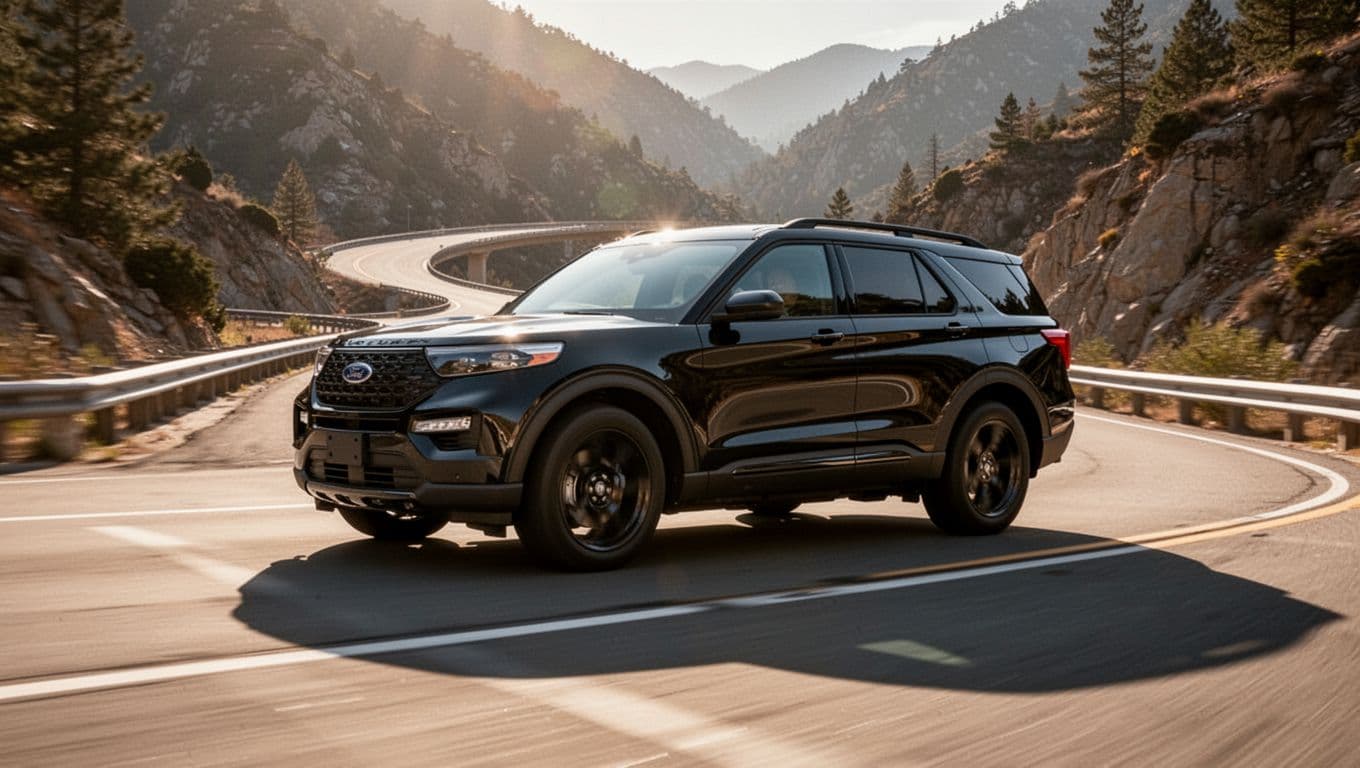 Dynamic side profile of a black 2026 Ford Explorer SUV speeding on a winding mountain highway, sporty driving pose in sunny afternoon light from low angle, high detail realistic action shot focusing solely on the vehicle.