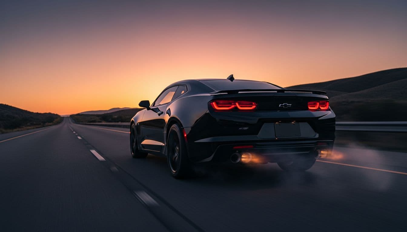 Black Chevrolet Camaro SS accelerating on a straight highway from rear view, exhaust visible, dramatic sunset lighting, high detail, emphasizing raw straight-line power.