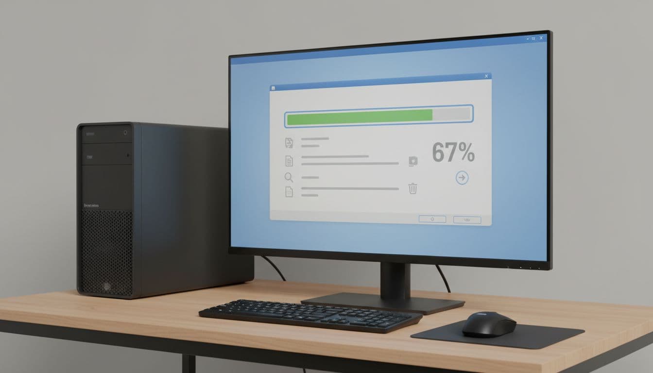 Photorealistic side-angle view of a Windows PC on a desk running BleachBit open-source software, scanning for junk files with a simple interface and progress bar, even lighting, no readable text or extra windows.